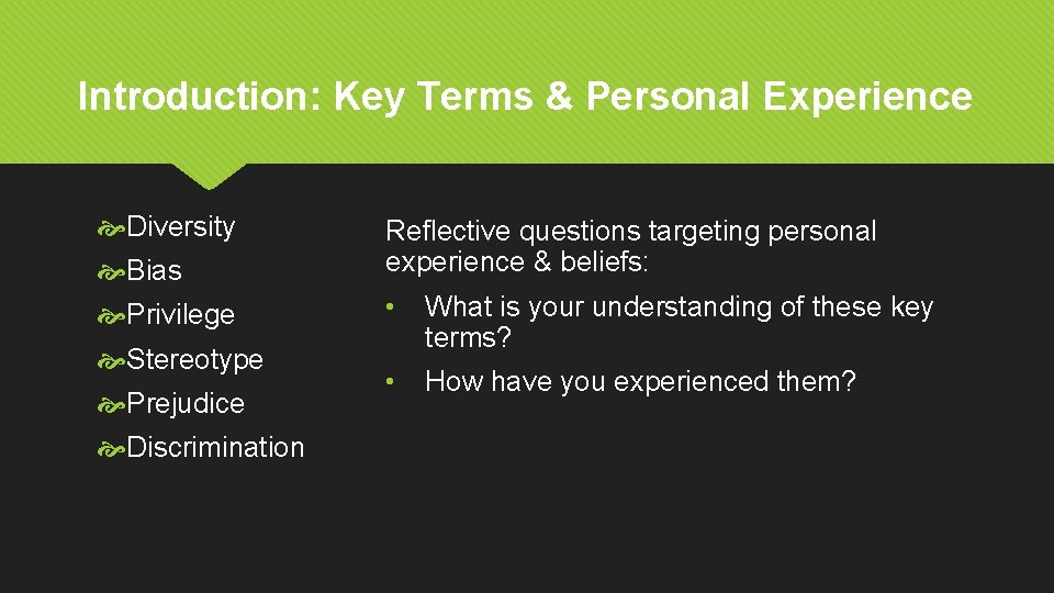 Introduction: Key Terms & Personal Experience Diversity Bias Reflective questions targeting personal experience &