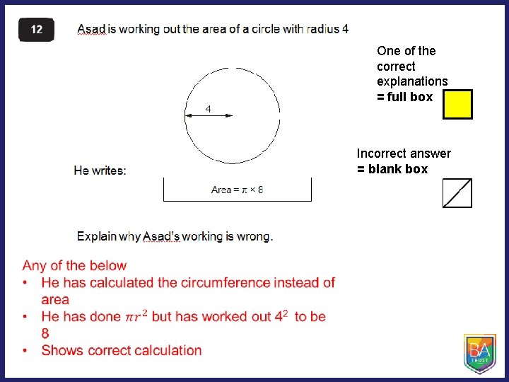 One of the correct explanations = full box Incorrect answer = blank box 