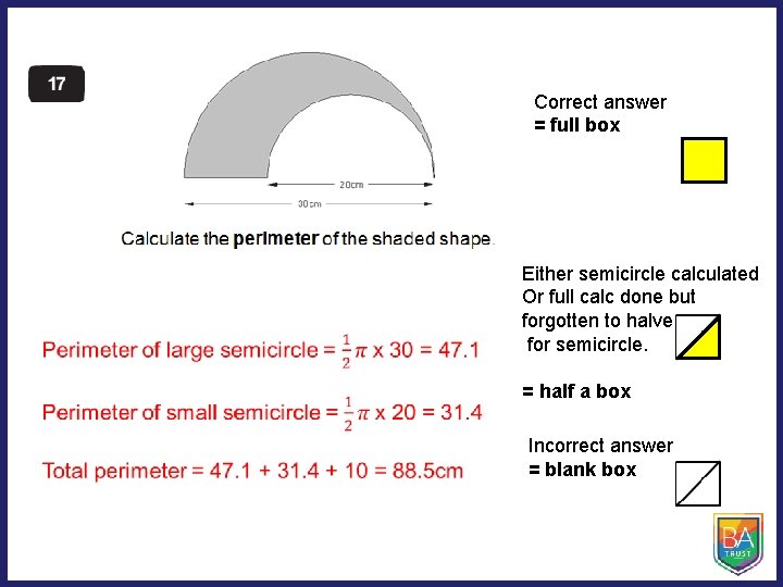Correct answer = full box Either semicircle calculated Or full calc done but forgotten