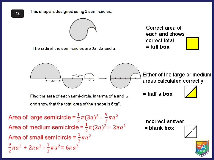 Correct area of each and shows correct total = full box Either of the