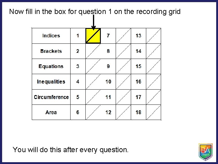Now fill in the box for question 1 on the recording grid You will