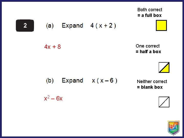 Both correct = a full box 4 x + 8 One correct = half