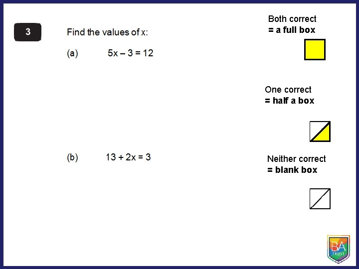 Both correct = a full box x=5 One correct = half a box Neither