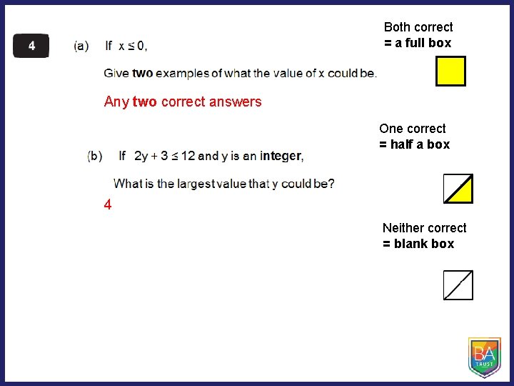Both correct = a full box Any two correct answers One correct = half