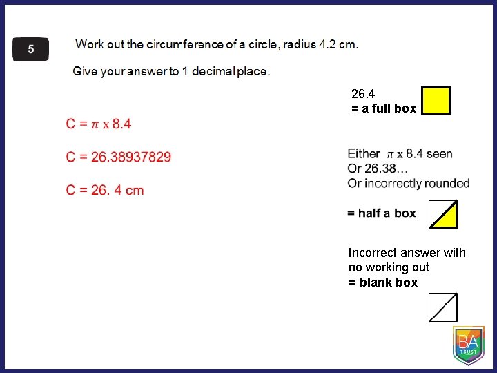 26. 4 = a full box Incorrect answer with no working out = blank