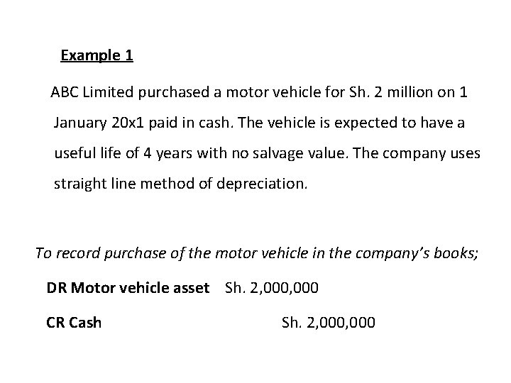 Example 1 ABC Limited purchased a motor vehicle for Sh. 2 million on 1