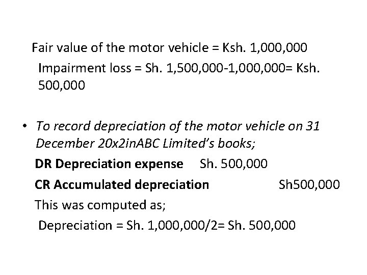 Fair value of the motor vehicle = Ksh. 1, 000 Impairment loss = Sh.