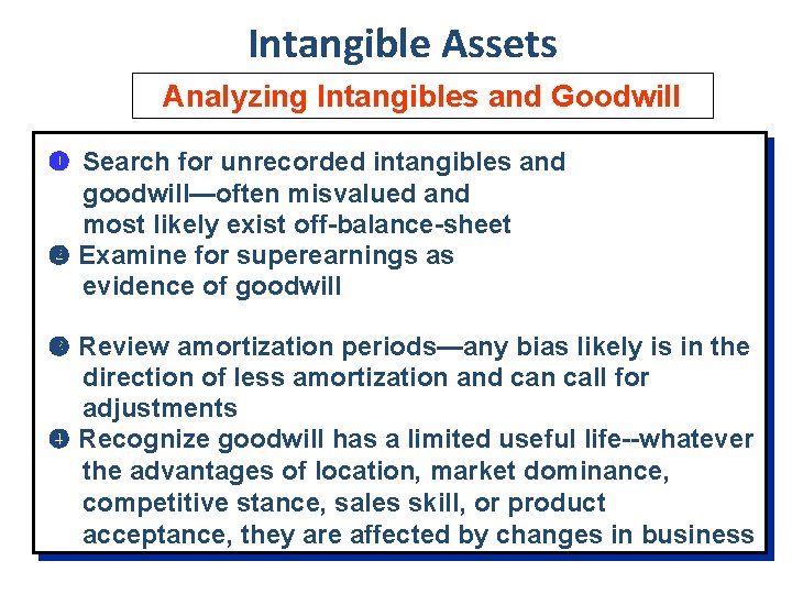 Intangible Assets Analyzing Intangibles and Goodwill Search for unrecorded intangibles and goodwill—often misvalued and