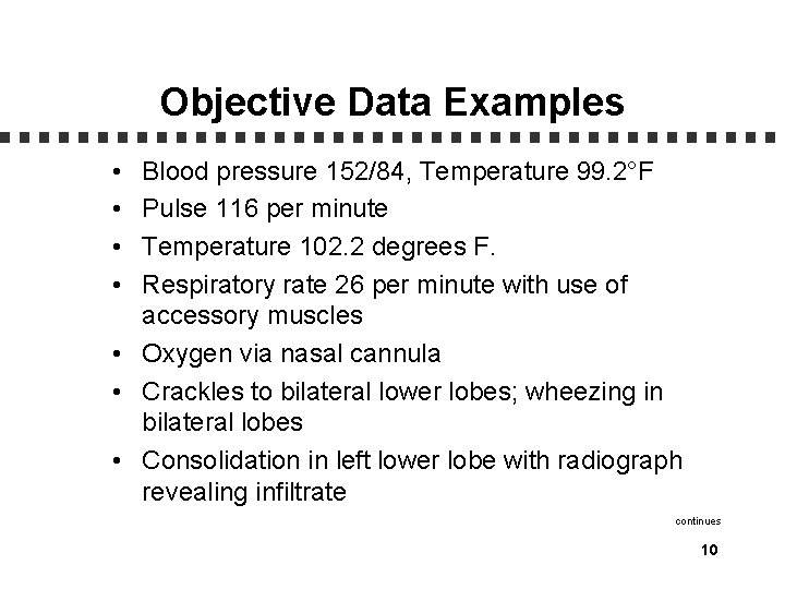 Objective Data Examples • • Blood pressure 152/84, Temperature 99. 2°F Pulse 116 per