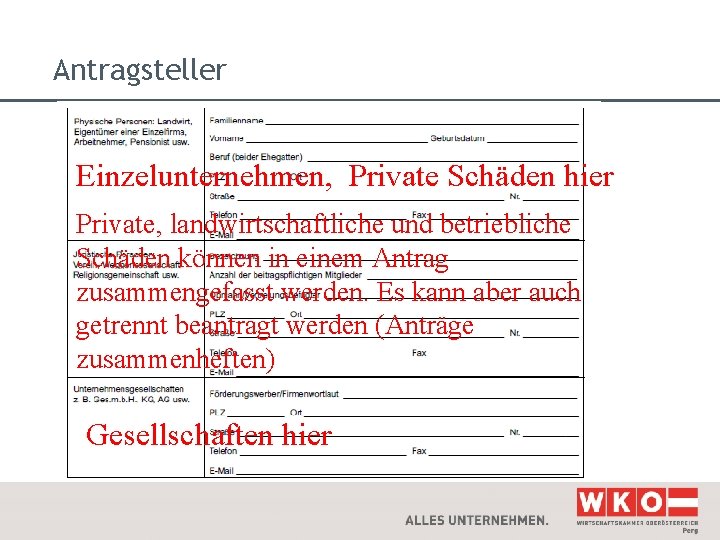 Antragsteller Einzelunternehmen, Private Schäden hier Private, landwirtschaftliche und betriebliche Schäden können in einem Antrag