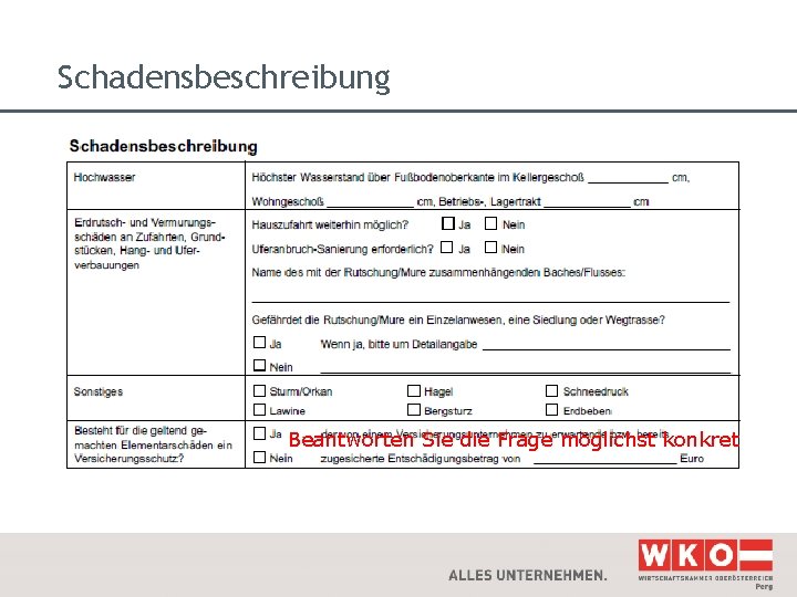 Schadensbeschreibung Beantworten Sie die Frage möglichst konkret 