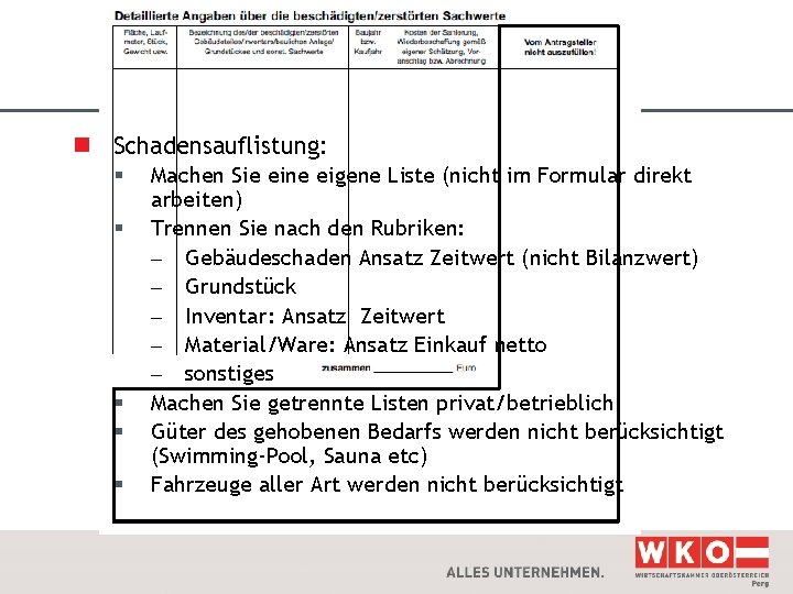 n Schadensauflistung: § § § Machen Sie eine eigene Liste (nicht im Formular direkt