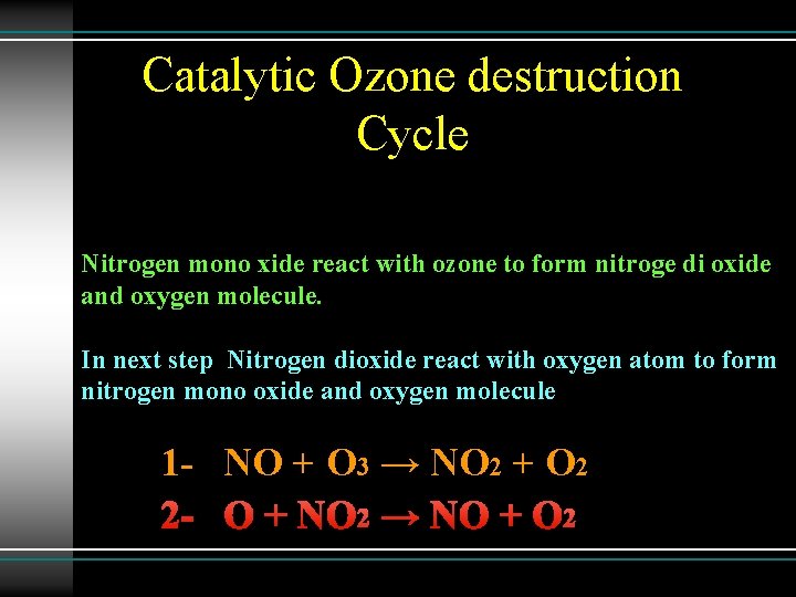 Catalytic Ozone destruction Cycle Nitrogen mono xide react with ozone to form nitroge di