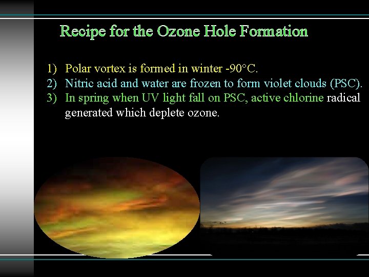 Recipe for the Ozone Hole Formation 1) Polar vortex is formed in winter -90°C.