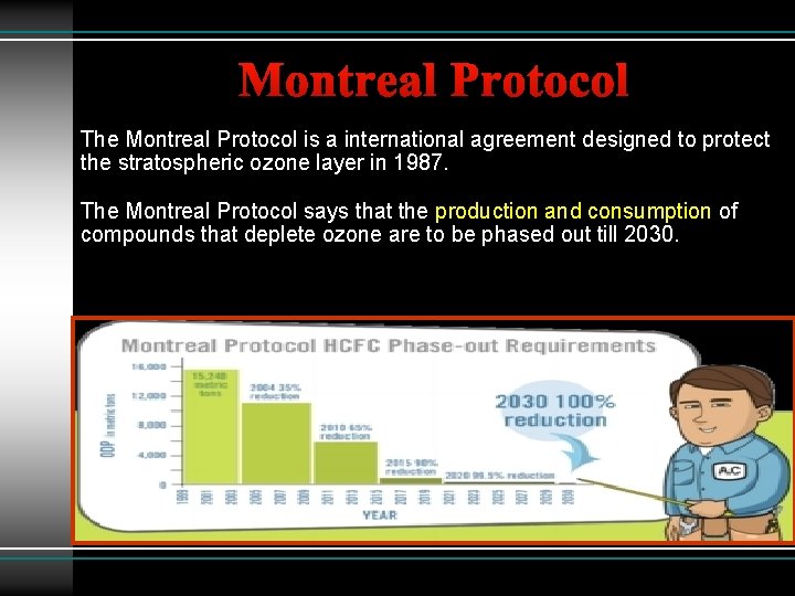 Montreal Protocol The Montreal Protocol is a international agreement designed to protect the stratospheric