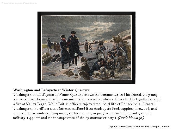 Washington and Lafayette at Winter Quarters shows the commander and his friend, the young