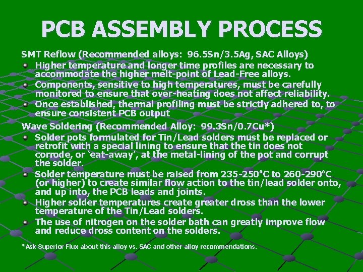 PCB ASSEMBLY PROCESS SMT Reflow (Recommended alloys: 96. 5 Sn/3. 5 Ag, SAC Alloys)