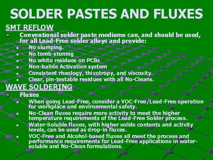 SOLDER PASTES AND FLUXES SMT REFLOW Conventional solder paste mediums can, and should be