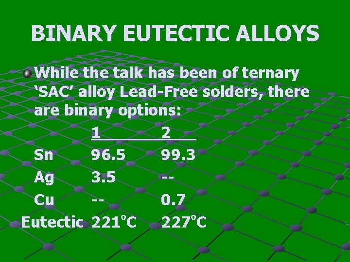 BINARY EUTECTIC ALLOYS While the talk has been of ternary ‘SAC’ alloy Lead-Free solders,