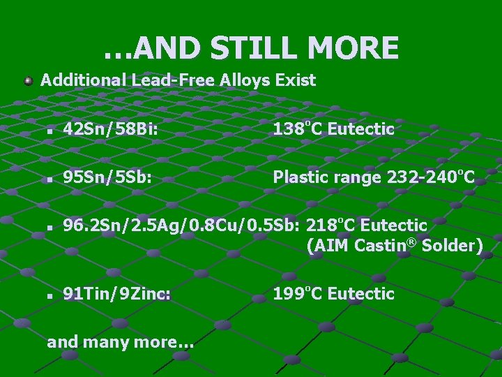 …AND STILL MORE Additional Lead-Free Alloys Exist n 42 Sn/58 Bi: 138ºC Eutectic n