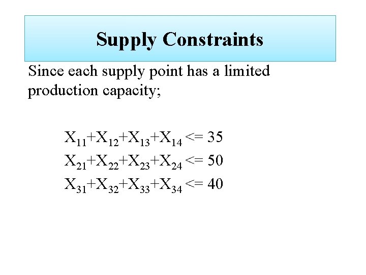 Supply Constraints Since each supply point has a limited production capacity; X 11+X 12+X