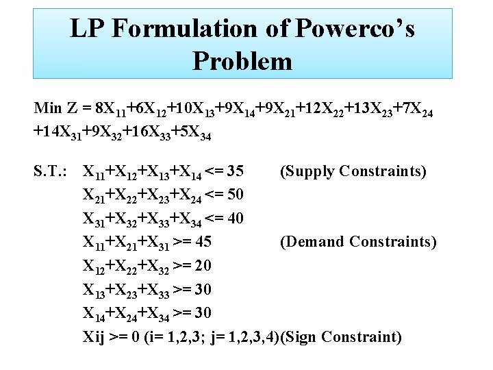 LP Formulation of Powerco’s Problem Min Z = 8 X 11+6 X 12+10 X