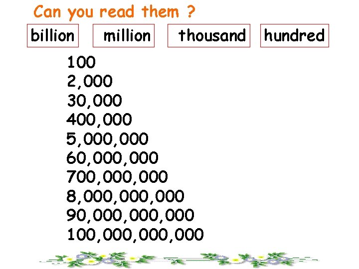 Can you read them ? billion million thousand 100 2, 000 30, 000 400,