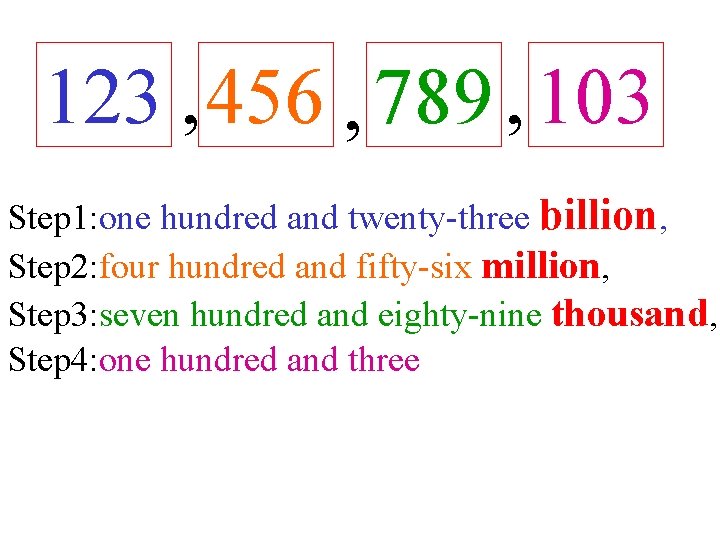 123 , 456 , 789 , 103 Step 1: one hundred and twenty-three billion,