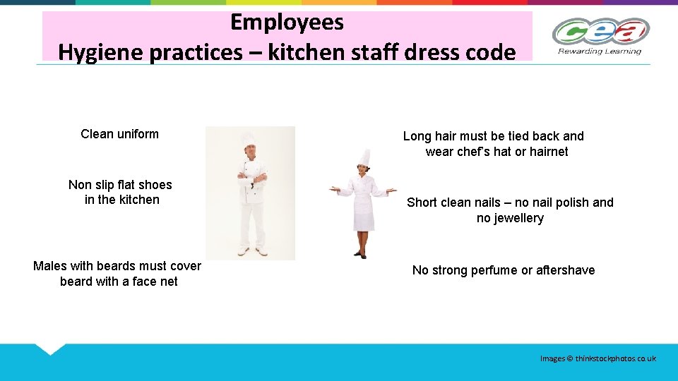 Employees Hygiene practices – kitchen staff dress code Clean uniform Non slip flat shoes