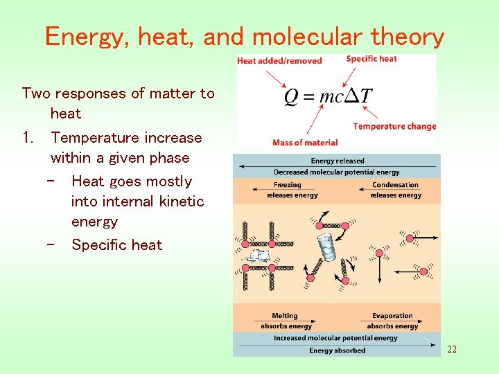 Energy, heat, and molecular theory Two responses of matter to heat 1. Temperature increase