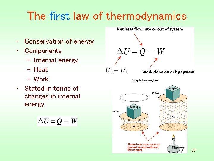 The first law of thermodynamics • Conservation of energy • Components – Internal energy