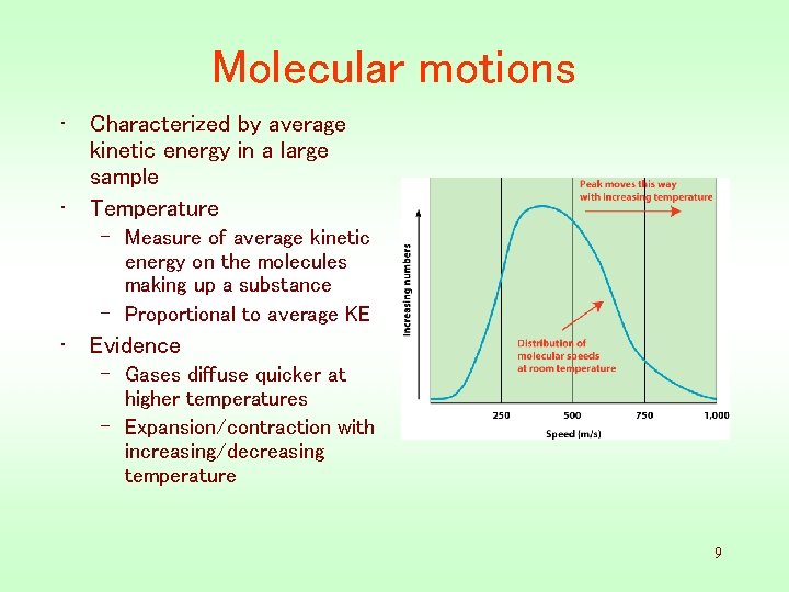 Molecular motions • Characterized by average kinetic energy in a large sample • Temperature