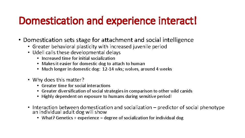 Domestication and experience interact! • Domestication sets stage for attachment and social intelligence •