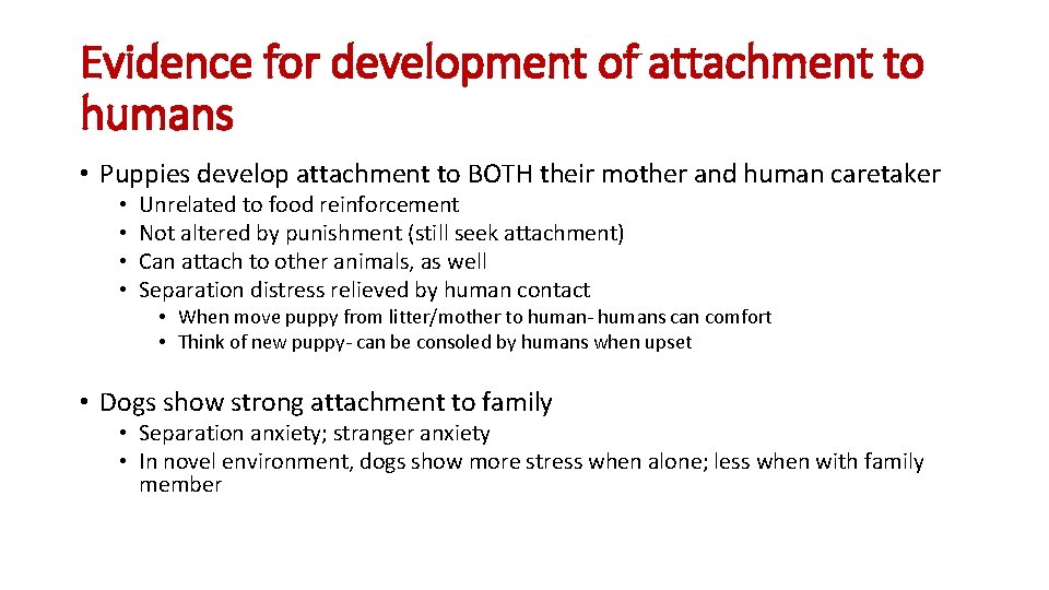 Evidence for development of attachment to humans • Puppies develop attachment to BOTH their