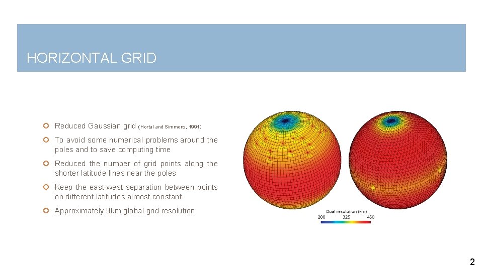 HORIZONTAL GRID Reduced Gaussian grid (Hortal and Simmons, 1991) To avoid some numerical problems