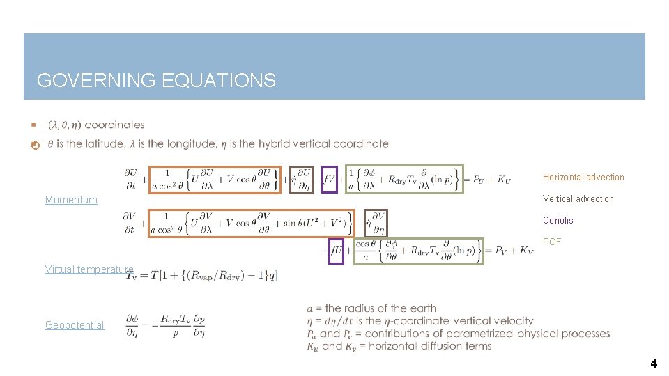 GOVERNING EQUATIONS Horizontal advection Momentum Vertical advection Coriolis PGF Virtual temperature Geopotential 4 