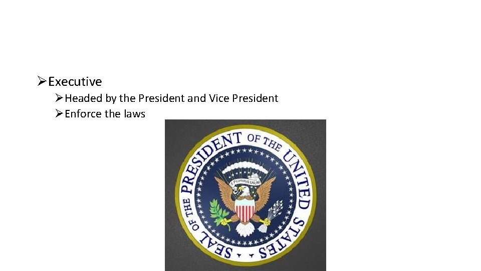 ØExecutive ØHeaded by the President and Vice President ØEnforce the laws 