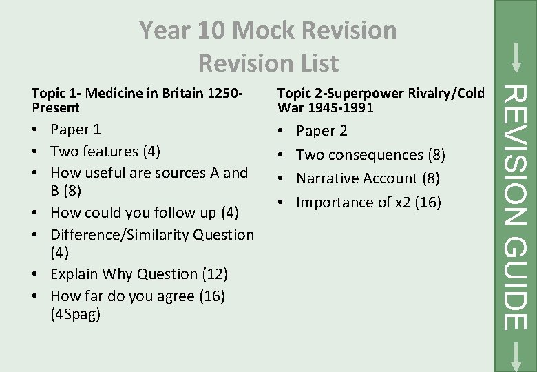 Year 10 Mock Revision List Topic 2 -Superpower Rivalry/Cold War 1945 -1991 • Paper