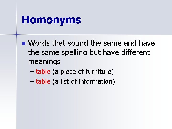 Homonyms n Words that sound the same and have the same spelling but have