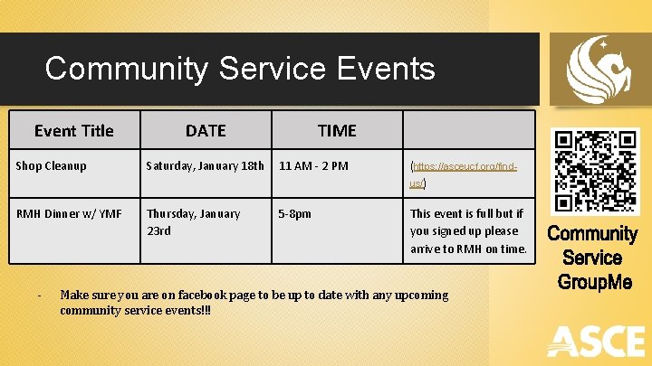 Community Service Events Event Title DATE TIME Shop Cleanup Saturday, January 18 th 11