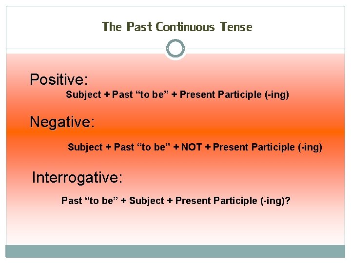 The Past Continuous Tense Positive: Subject + Past “to be” + Present Participle (-ing)
