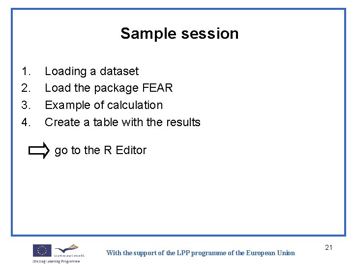 Sample session 1. 2. 3. 4. Loading a dataset Load the package FEAR Example