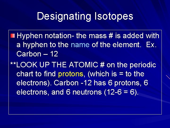Designating Isotopes Hyphen notation- the mass # is added with a hyphen to the