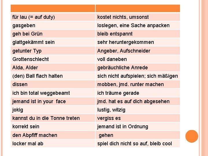 für lau (= auf duty) kostet nichts, umsonst gasgeben loslegen, eine Sache anpacken geh