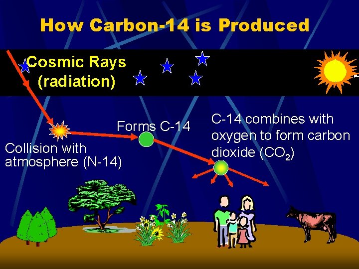 How Carbon-14 is Produced Cosmic Rays (radiation) Forms C-14 Collision with atmosphere (N-14) C-14