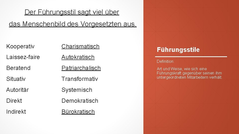 Der Führungsstil sagt viel über das Menschenbild des Vorgesetzten aus. Kooperativ Charismatisch Laissez-faire Autokratisch