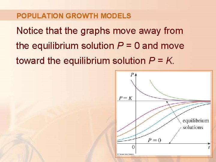 POPULATION GROWTH MODELS Notice that the graphs move away from the equilibrium solution P
