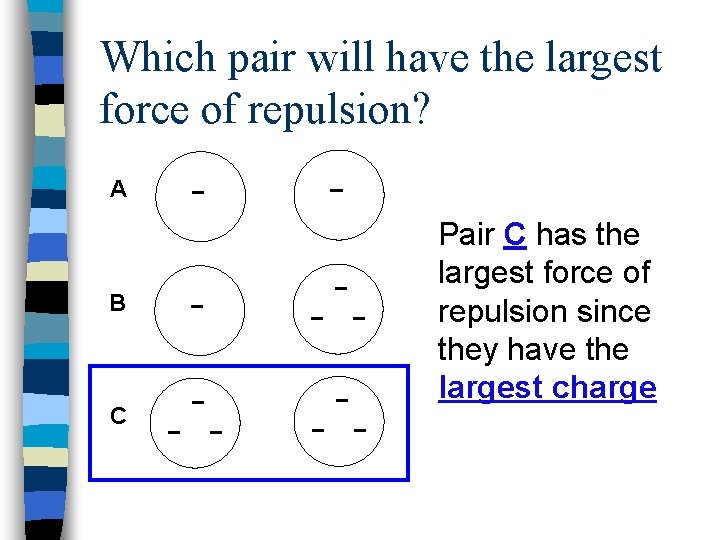 Which pair will have the largest force of repulsion? A B C Pair C