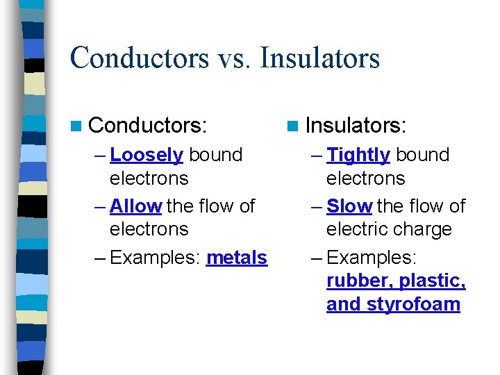 Conductors vs. Insulators n Conductors: – Loosely bound electrons – Allow the flow of