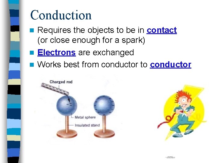 Conduction Requires the objects to be in contact (or close enough for a spark)